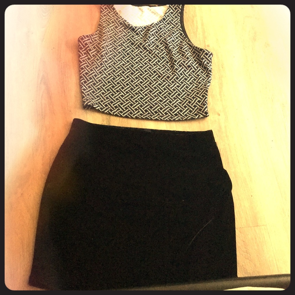 A cropped top and a mini skirt